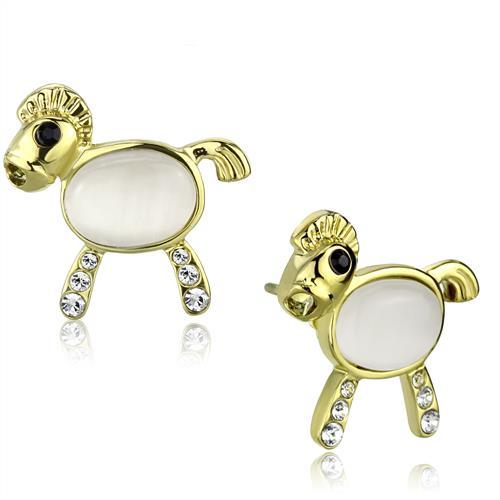 IP Gold(Ion Plating) Stainless Steel Earrings with Synthetic Cat Eye in White