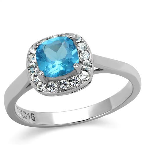 High polished (no plating) Stainless Steel Ring with Synthetic Synthetic Glass in Sea Blue