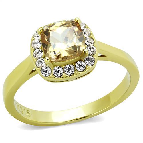 IP Gold(Ion Plating) Stainless Steel Ring with AAA Grade CZ in Champagne