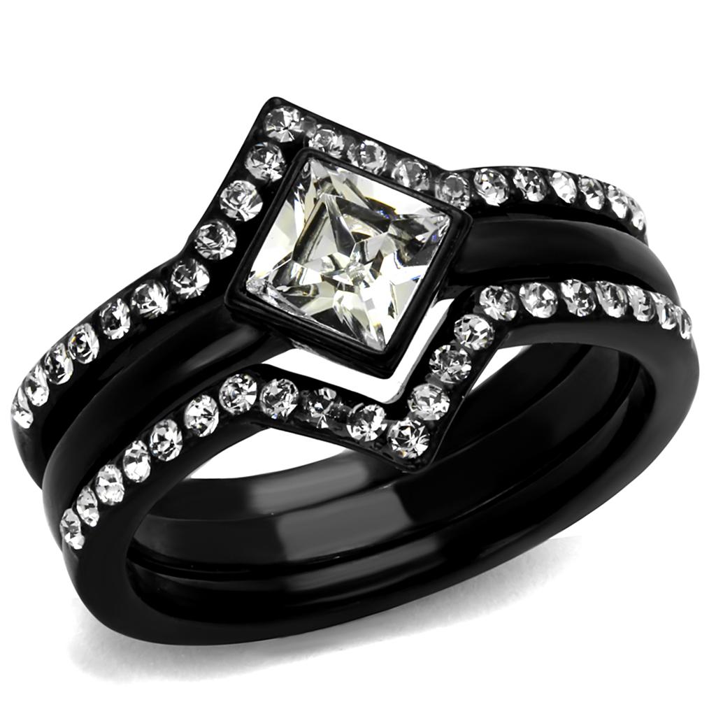 IP Black(Ion Plating) Stainless Steel Ring with Top Grade Crystal in Clear