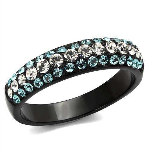 IP Black(Ion Plating) Stainless Steel Ring with Top Grade Crystal in Sea Blue