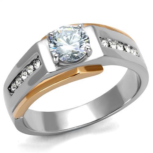 Two-Tone IP Rose Gold Stainless Steel Ring with AAA Grade CZ in Clear