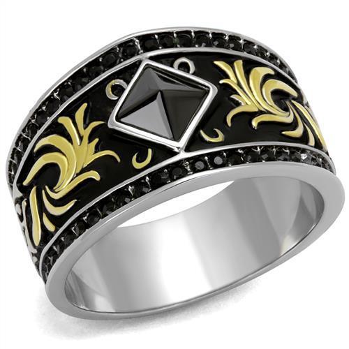Two-Tone IP Gold (Ion Plating) Stainless Steel Ring with Synthetic Synthetic Glass in Jet