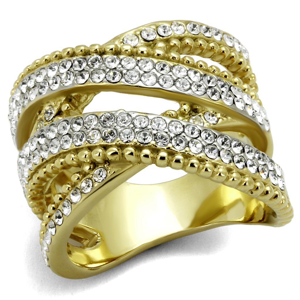 Two-Tone IP Gold (Ion Plating) Stainless Steel Ring with Top Grade Crystal in Clear