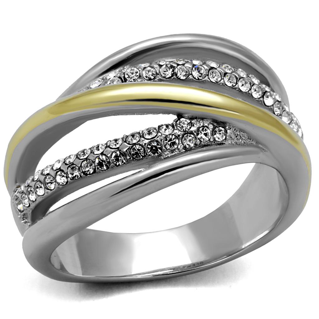Two-Tone IP Gold (Ion Plating) Stainless Steel Ring with Top Grade Crystal in Clear