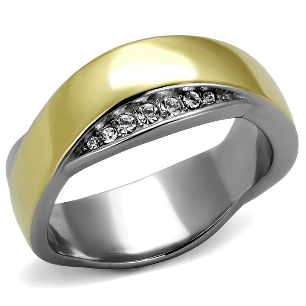Two-Tone IP Gold (Ion Plating) Stainless Steel Ring with Top Grade Crystal in Clear