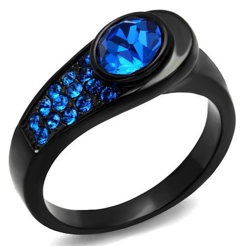 IP Black(Ion Plating) Stainless Steel Ring with Top Grade Crystal in Capri Blue