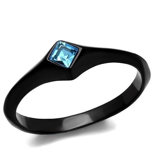IP Black(Ion Plating) Stainless Steel Ring with Top Grade Crystal in Sea Blue
