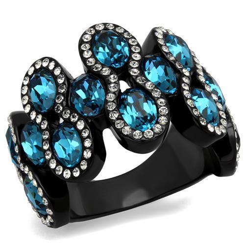IP Black(Ion Plating) Stainless Steel Ring with Top Grade Crystal in Aquamarine