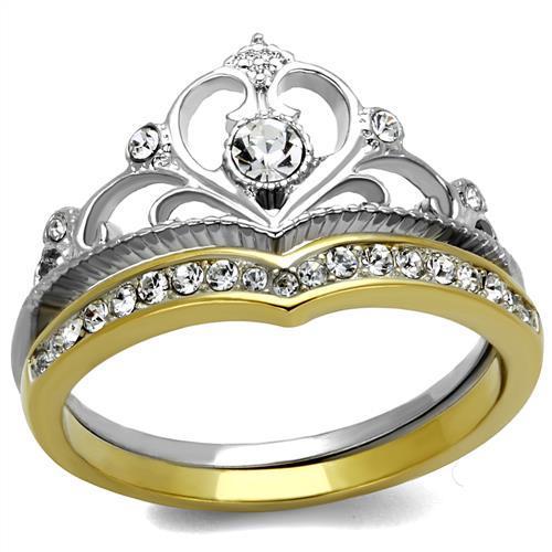 Two-Tone IP Gold (Ion Plating) Stainless Steel Ring with Top Grade Crystal in Clear