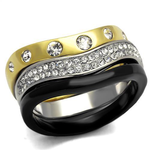 IP Gold+ IP Black (Ion Plating) Stainless Steel Ring with Top Grade Crystal in Clear