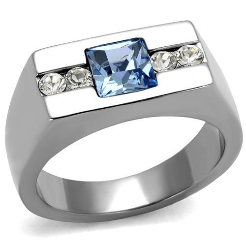 High polished (no plating) Stainless Steel Ring with Top Grade Crystal in Aquamarine