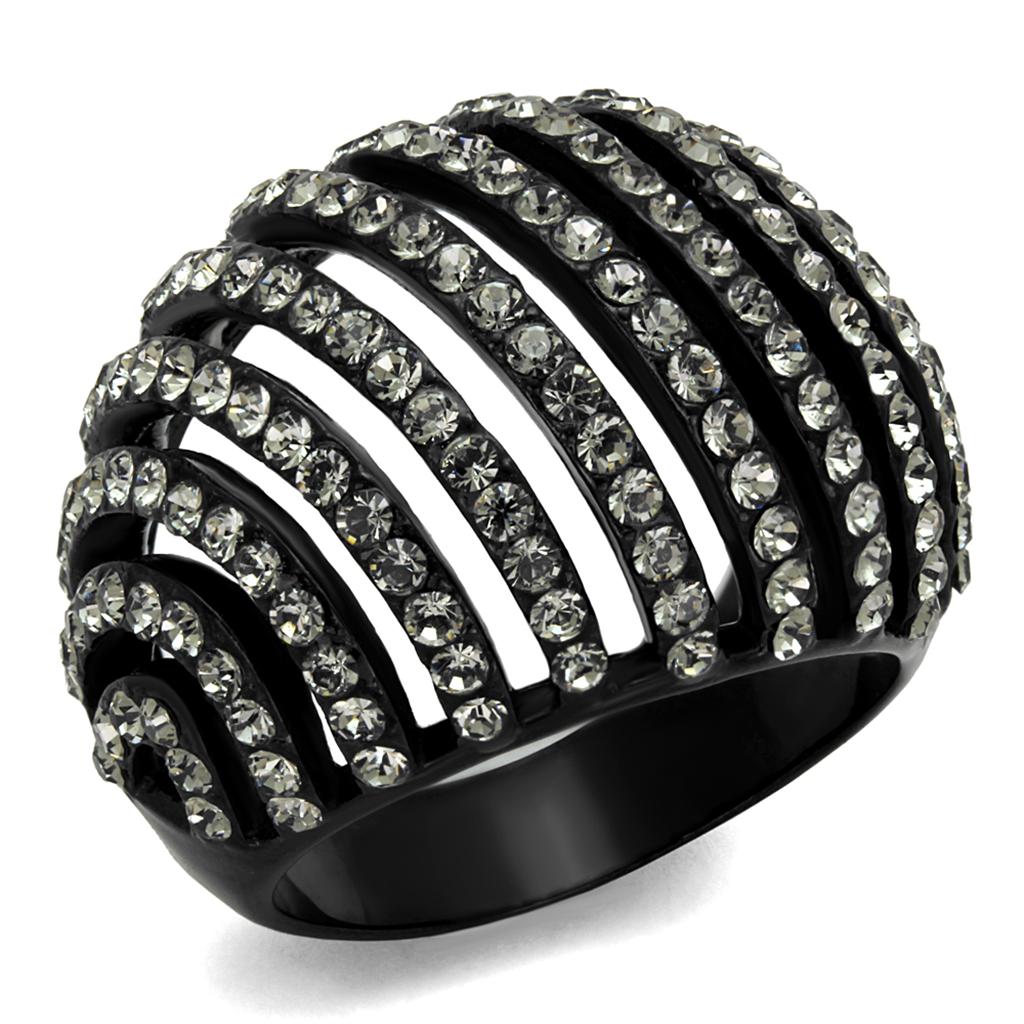 IP Black(Ion Plating) Stainless Steel Ring with Top Grade Crystal in Black Diamond