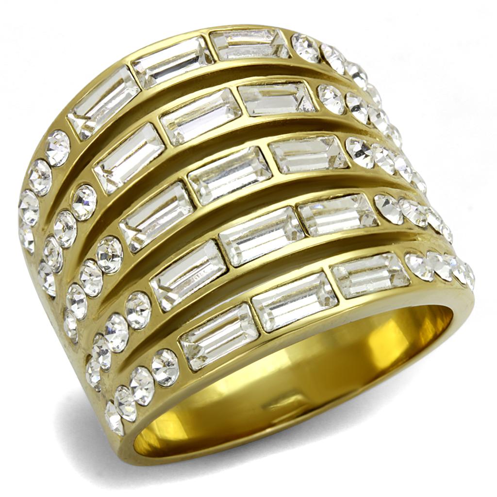IP Gold(Ion Plating) Stainless Steel Ring with Top Grade Crystal in Clear