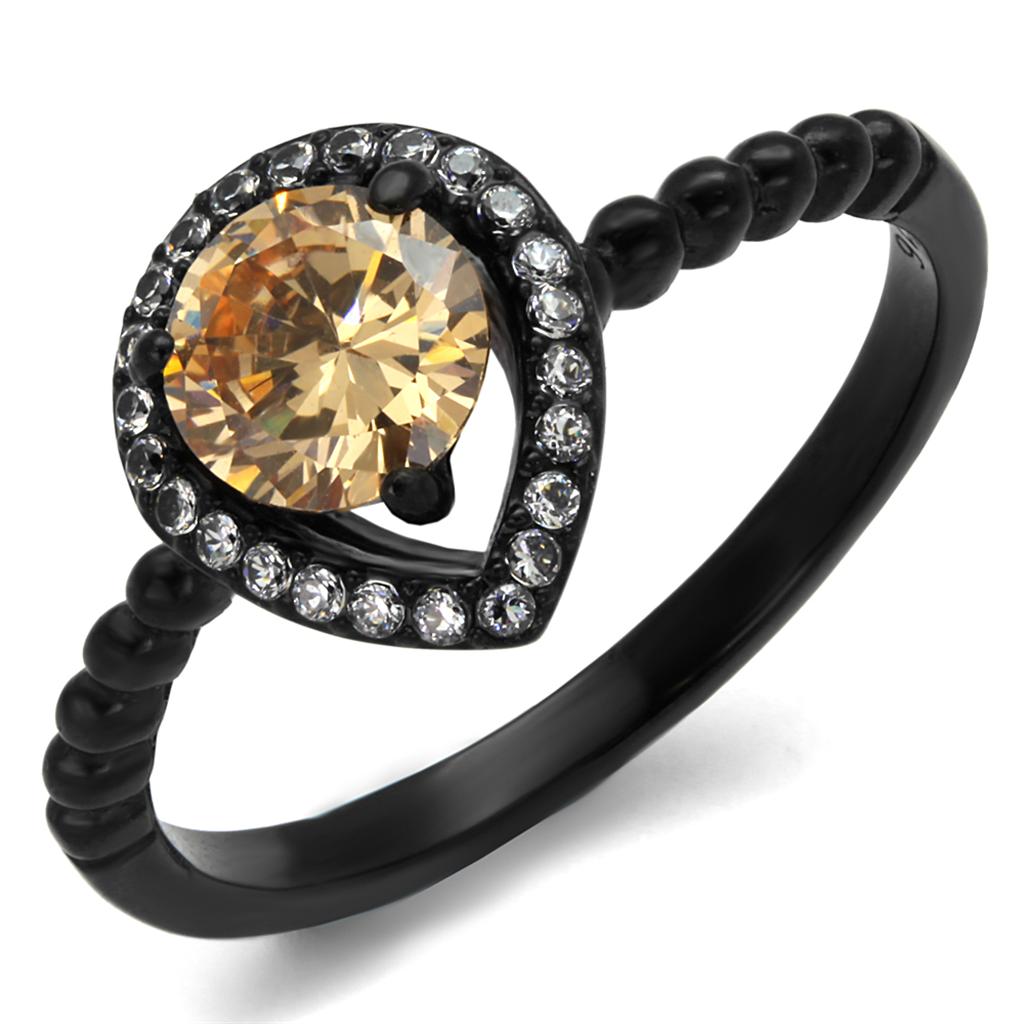 IP Black(Ion Plating) Stainless Steel Ring with AAA Grade CZ in Champagne