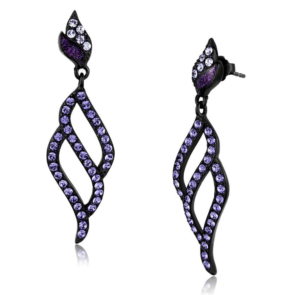 IP Black(Ion Plating) Stainless Steel Earrings with Top Grade Crystal in Tanzanite