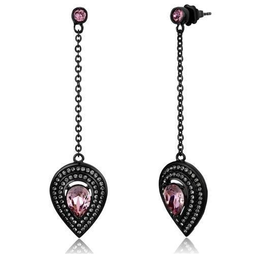 IP Black(Ion Plating) Stainless Steel Earrings with Top Grade Crystal in Light Rose