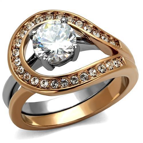 Two-Tone IP Rose Gold Stainless Steel Ring with AAA Grade CZ  in Clear