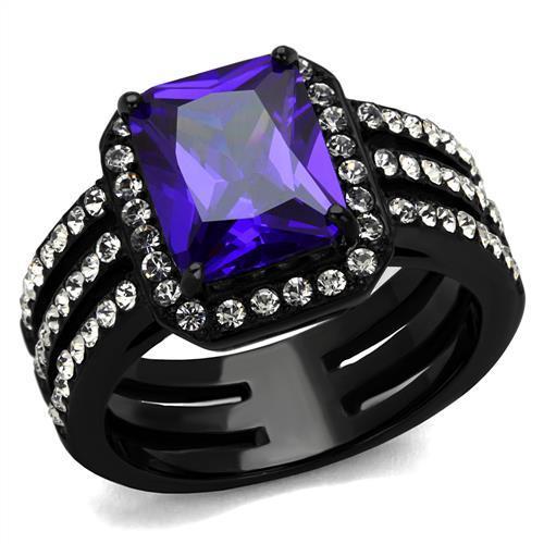 IP Black(Ion Plating) Stainless Steel Ring with AAA Grade CZ  in Tanzanite