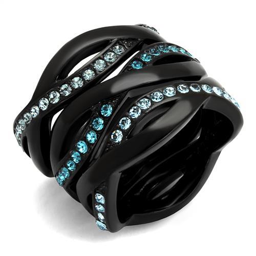 IP Black(Ion Plating) Stainless Steel Ring with Top Grade Crystal  in Sea Blue