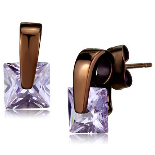 IP Dark Brown (IP coffee) Stainless Steel Earrings with AAA Grade CZ  in Light Amethyst