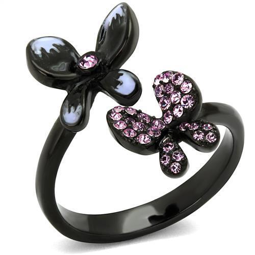 IP Black(Ion Plating) Stainless Steel Ring with Top Grade Crystal  in Light Amethyst