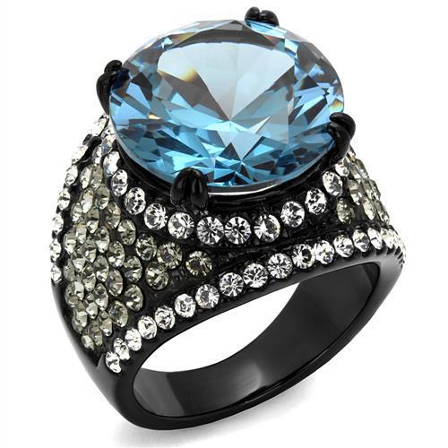 IP Black(Ion Plating) Stainless Steel Ring with AAA Grade CZ  in London Blue
