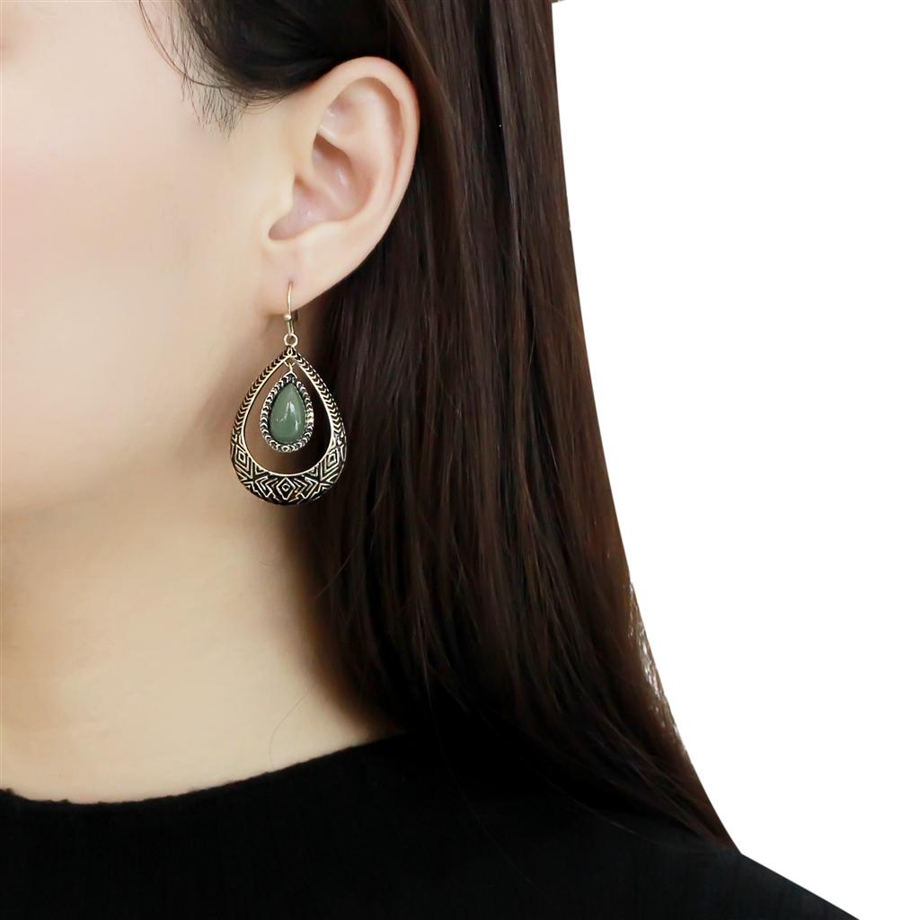 IP Gold(Ion Plating) Stainless Steel Earrings with Semi-Precious Jade in Emerald