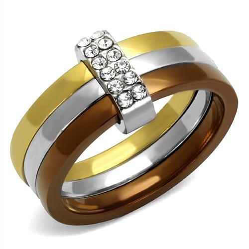 Three Tone (IP Gold & IP Light coffee & High Polished) Stainless Steel Ring with Top Grade Crystal  in Clear