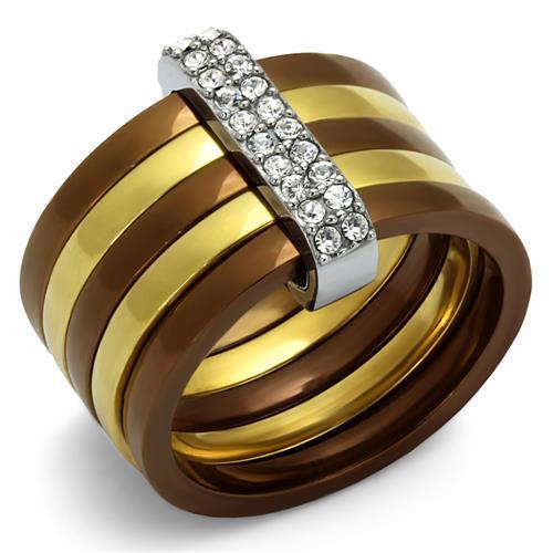 Three Tone (IP Gold & IP Light coffee & High Polished) Stainless Steel Ring with Top Grade Crystal  in Clear