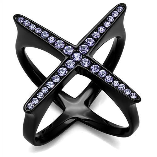 IP Black(Ion Plating) Stainless Steel Ring with Top Grade Crystal  in Amethyst