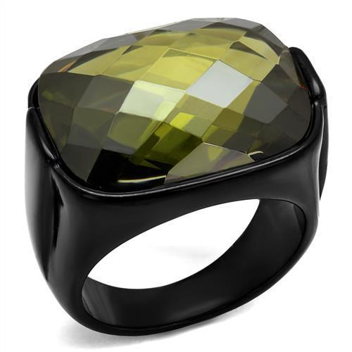 IP Black(Ion Plating) Stainless Steel Ring with AAA Grade CZ  in Olivine color
