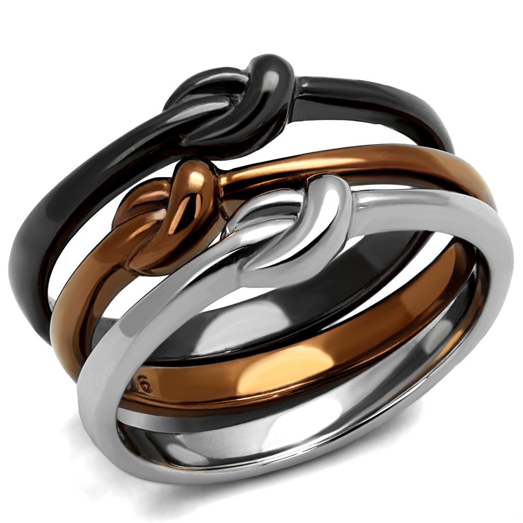 Three Tone (IP Light Coffee & IP Light Black & High Polished) Stainless Steel Ring with No Stone