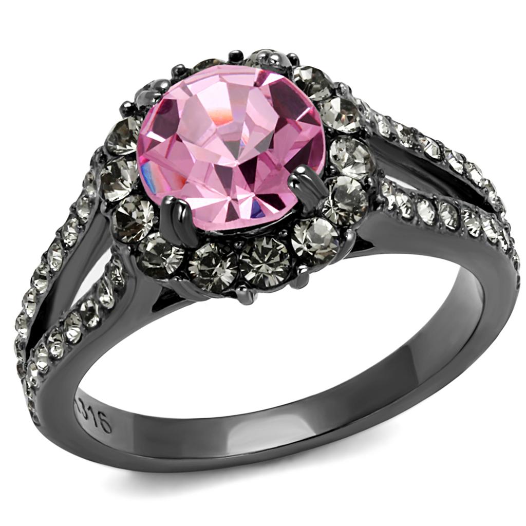 IP Light Black  (IP Gun) Stainless Steel Ring with Top Grade Crystal  in Light Rose