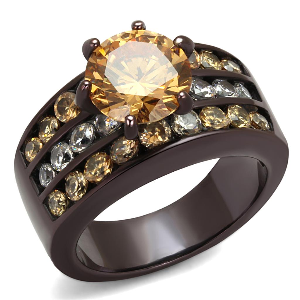 IP Dark Brown (IP coffee) Stainless Steel Ring with AAA Grade CZ  in Champagne