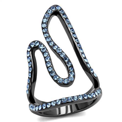 IP Light Black  (IP Gun) Stainless Steel Ring with Top Grade Crystal  in Aquamarine