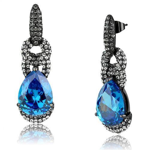 IP Light Black  (IP Gun) Stainless Steel Earrings with AAA Grade CZ  in Sea Blue