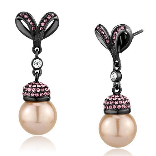 IP Light Black  (IP Gun) Stainless Steel Earrings with Synthetic Pearl in Rose