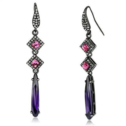 IP Light Black  (IP Gun) Stainless Steel Earrings with AAA Grade CZ  in Amethyst
