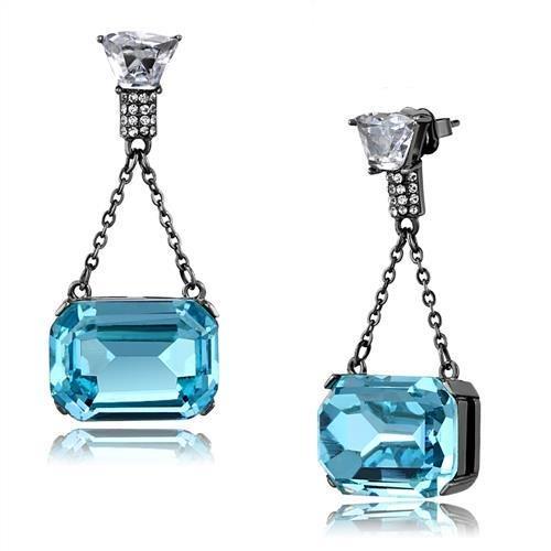IP Light Black  (IP Gun) Stainless Steel Earrings with Top Grade Crystal  in Sea Blue