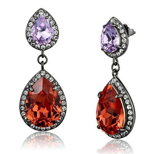 IP Light Black  (IP Gun) Stainless Steel Earrings with Top Grade Crystal  in Orange