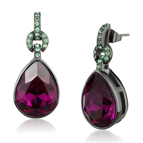 IP Light Black  (IP Gun) Stainless Steel Earrings with Top Grade Crystal  in Fuchsia