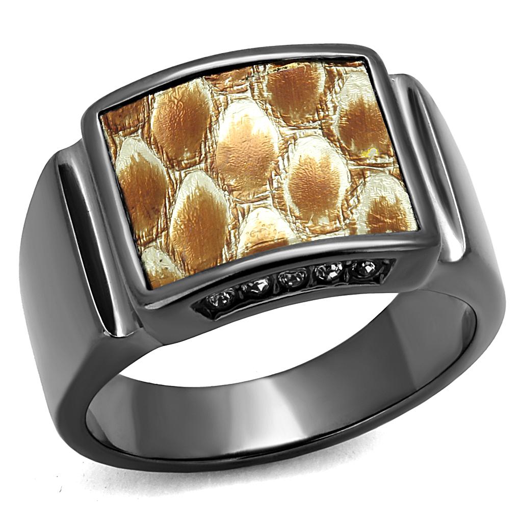 IP Light Black  (IP Gun) Stainless Steel Ring with Leather  in Brown