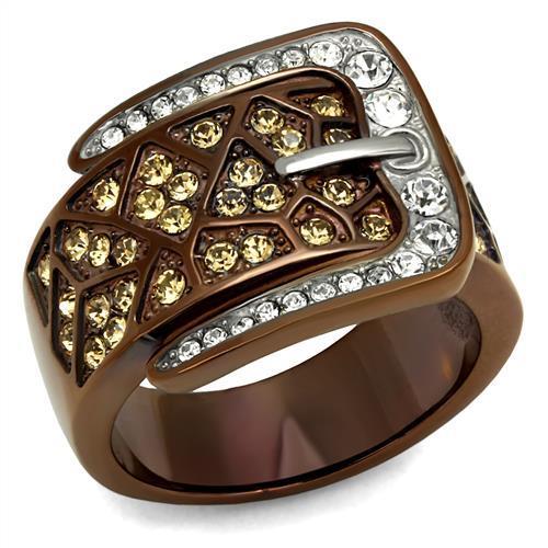 Two Tone IP Light Brown (IP Light coffee) Stainless Steel Ring with Top Grade Crystal  in Citrine Yellow