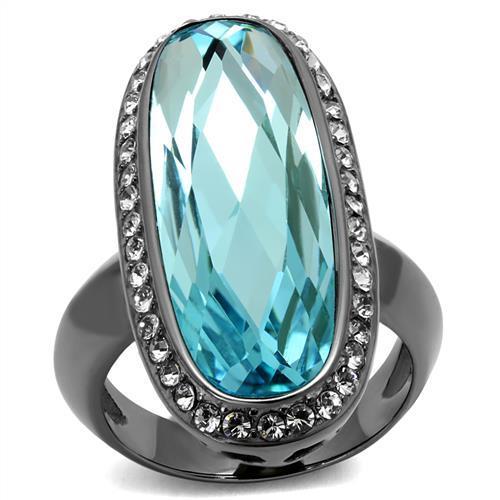 IP Light Black  (IP Gun) Stainless Steel Ring with Top Grade Crystal  in Sea Blue
