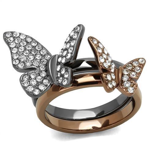 IP Light Black & IP Light coffee Stainless Steel Ring with Top Grade Crystal  in Clear