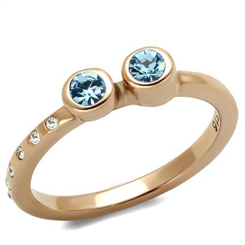 IP Rose Gold(Ion Plating) Stainless Steel Ring with Top Grade Crystal  in Sea Blue