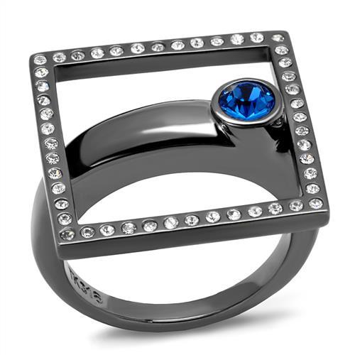 IP Light Black  (IP Gun) Stainless Steel Ring with Top Grade Crystal  in Capri Blue