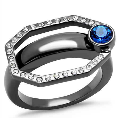 IP Light Black  (IP Gun) Stainless Steel Ring with Top Grade Crystal  in Capri Blue