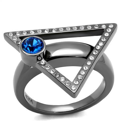 IP Light Black  (IP Gun) Stainless Steel Ring with Top Grade Crystal  in Capri Blue